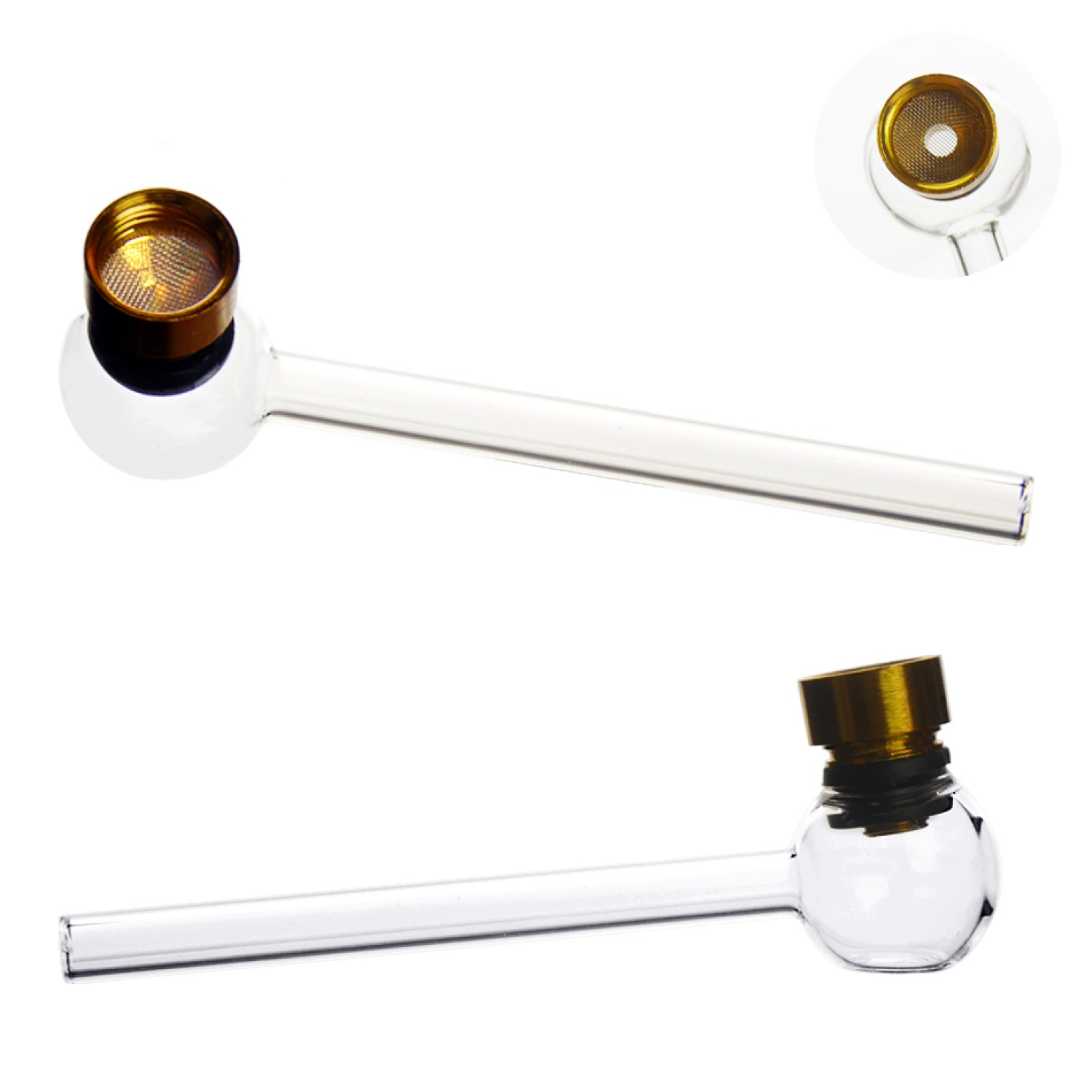 Glaspfeife transparent mit golden Kopf ca. 14cm.