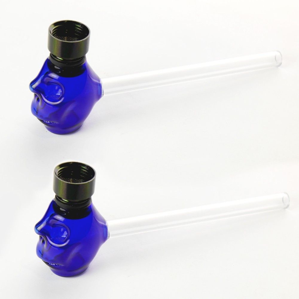 Glaspfeife mit blau Totenkopf-Design & Alukopf, ca. 13,5 cm, VE - 6 