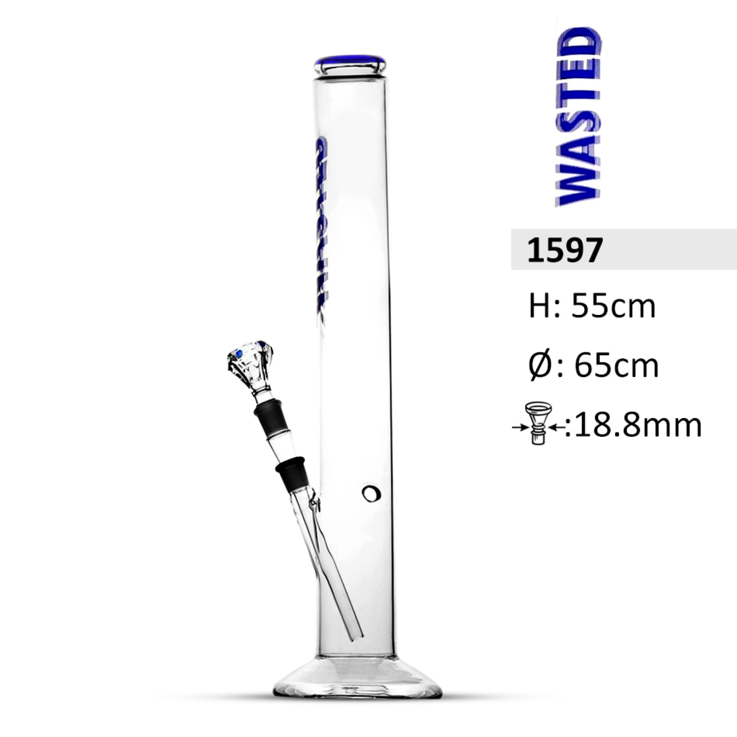 Glas Bong Wasted Zylinder Diamant formiger Kopf, H:55mm Ø=65mm, chillum 8,8mm 