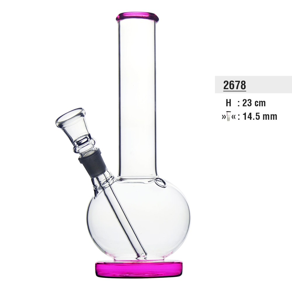 Glass Bong mit bauch Schliff-14,5mm, Hoch-23cm. boden+mund in  pink Farbe,
