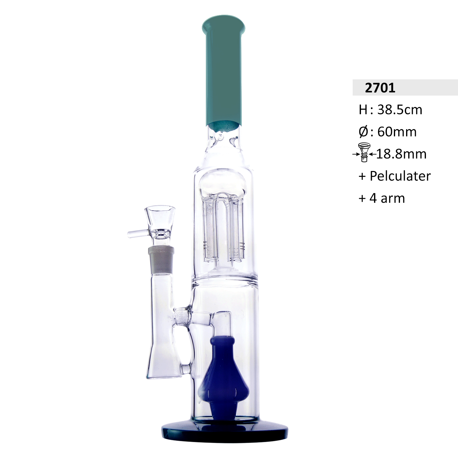 Glasbong-Zylinder mit 4 arm, großem Pelculater und großem Diffusor, Hals und Boden in grün. H: 38,5cm, Schliff: 18,8mm, Ø: 60mm