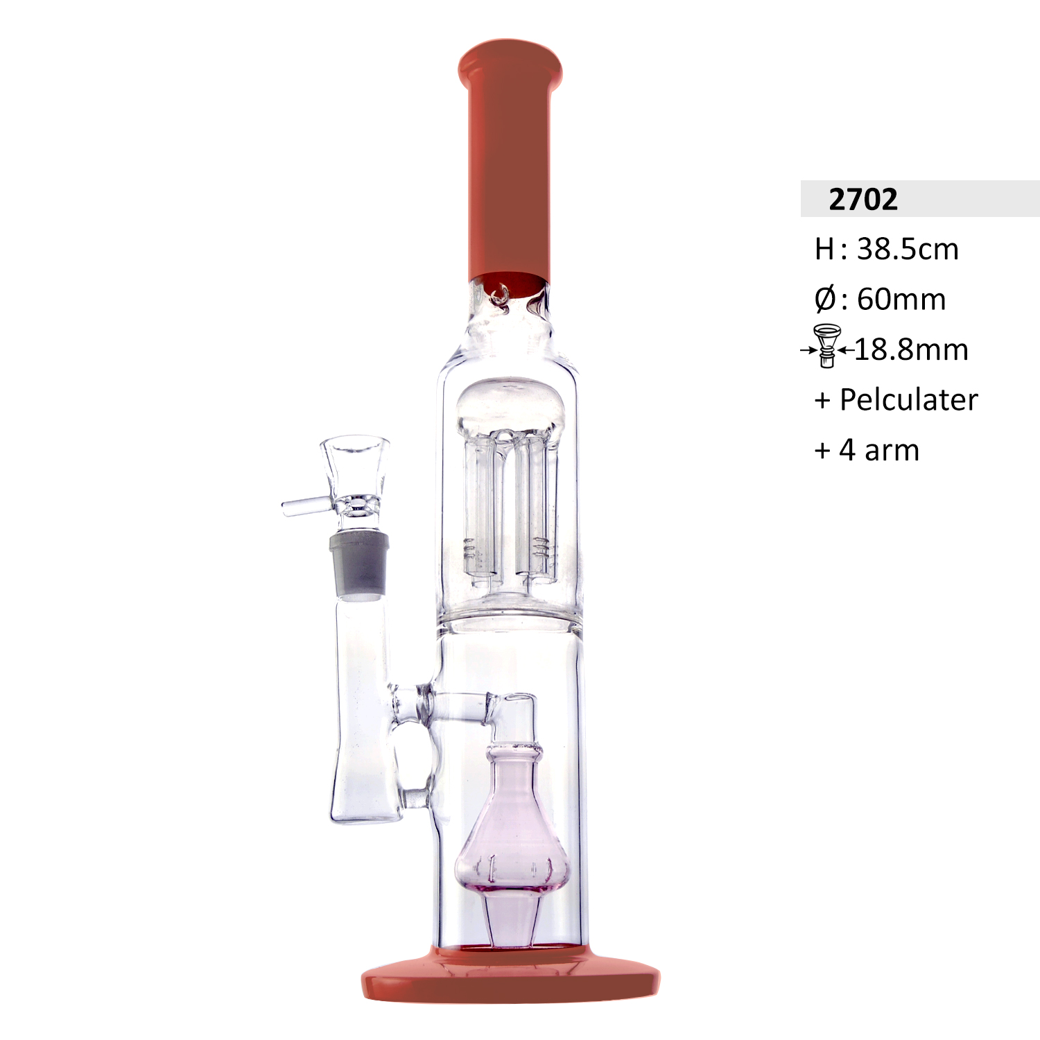 Glasbong Zylinder 4 arm großes Pelculater und großer Diffusor. Hals und Basis in Orange H: 38,5cm Schliff: 18,8mm Ø: 60mm