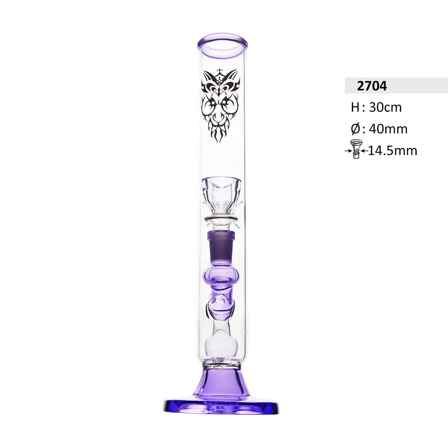 Glasbong-Mund Lila Chillum-Basis und Außenchillum mit Diffusor H: 30cm Schliff: 14,5mm Ø: 40mm