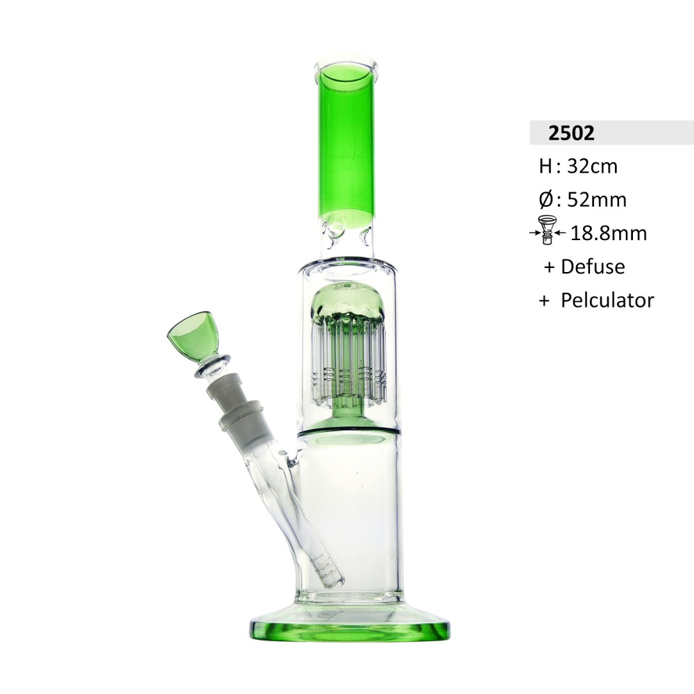 Glas Bong Zylinder  32cm.Green  8 arm pelcul. 52mm 18,8mm mit defuse