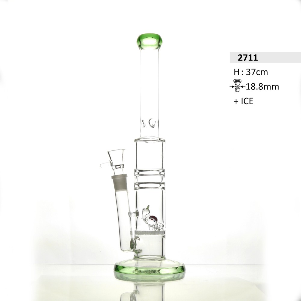 Glasbong | Glasstärke: 5 mm, H: 37 cm, Fassung: 18,8 mm Wabe mit Eis | Grüne Farbe