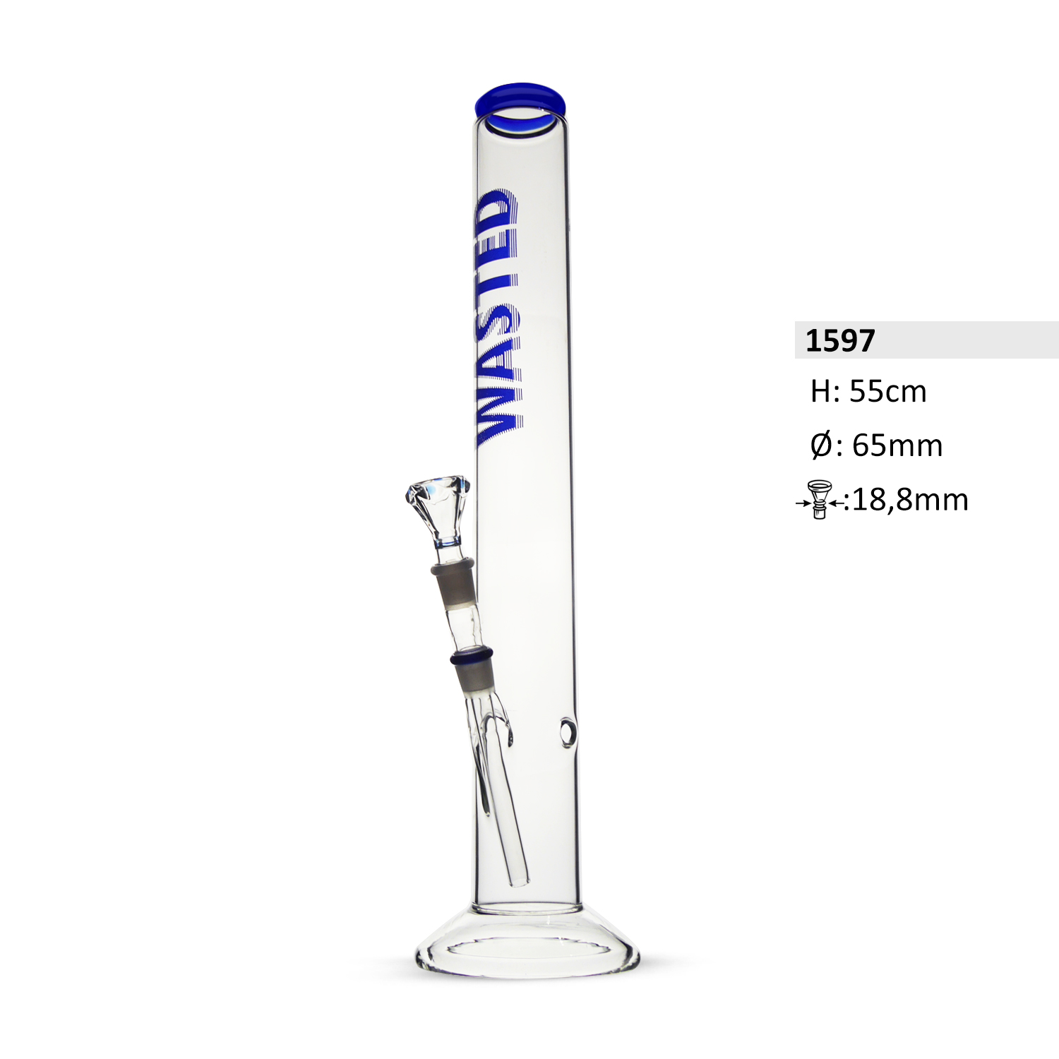 Glas Bong Wasted Zylinder Diamant formiger Kopf, H:55mm Ø=65mm, chillum 8,8mm Glas Bong Wasted Zylinder Diamant formiger Kopf, H:55mm Ø=65mm, chillum 8,8mm