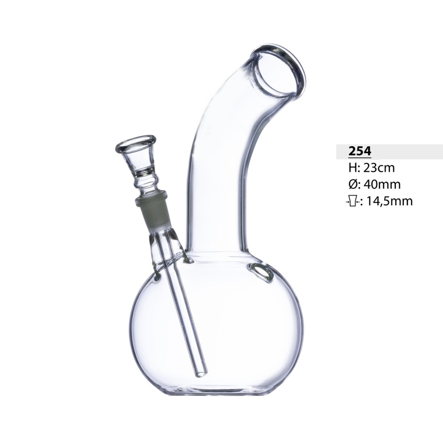 Glasbong mit gebogener Kugel | Basis 14,5 mm H: 23 cm Ø: 40 mm Glasbong mit gebogener Kugel | Basis 14,5 mm H: 23 cm Ø: 40 mm