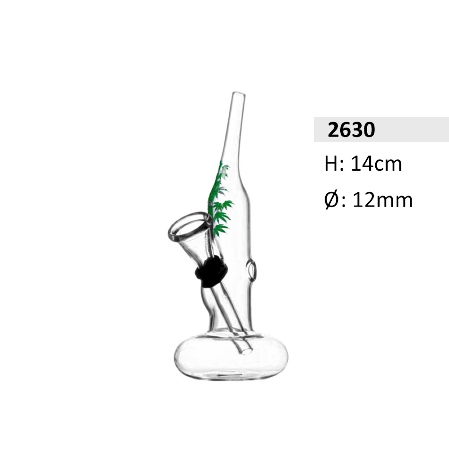 Mini Glaspfeife mit Bauch gebogene Mund mit Grüne Blätter | H: 14cm, Schliff: 12mm
