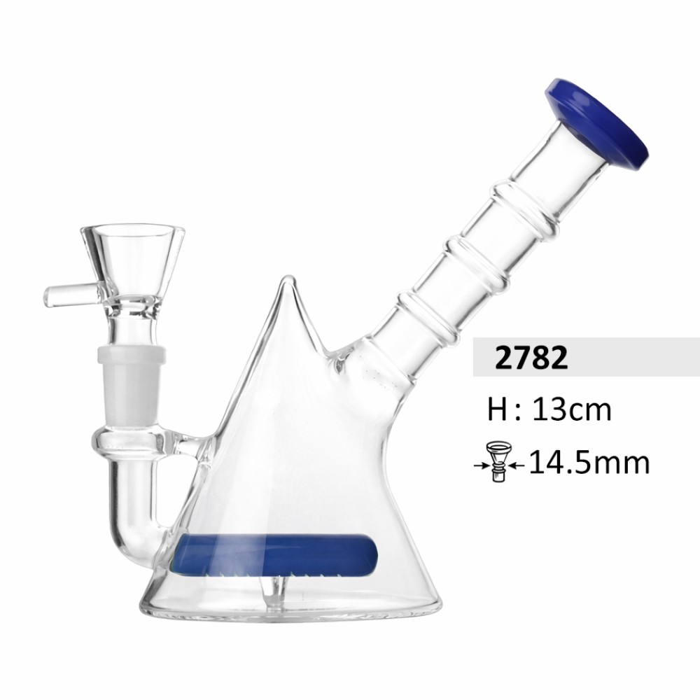 Glasbong mit blau Diffusor und 3 Ringen am blau Mundstück | Höhe: 13 cm, Schliff: 14,5 mm