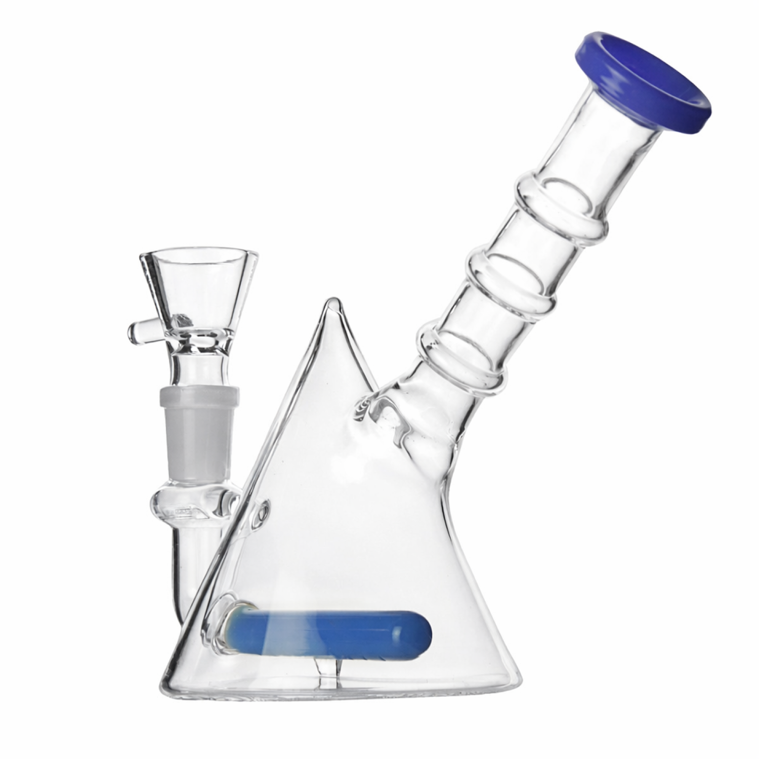 Glasbong mit blau Diffusor und 3 Ringen am blau Mundstück | Höhe: 13 cm, Schliff: 14,5 mm