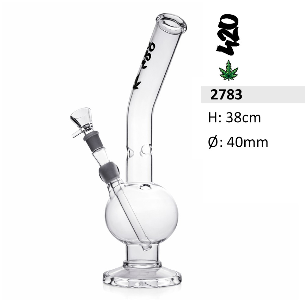 Glasbong mit Bauch und gebogenem, Logo mit 420 Leaf und Steckchillum | Hoch : 38cm,  Ø: 40mm
