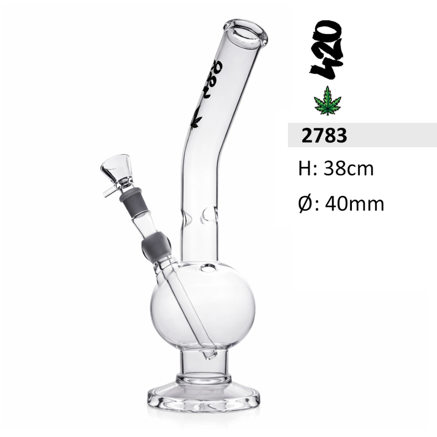 Glasbong mit Bauch und gebogenem, Logo mit 420 Leaf und Steckchillum | Hoch : 38cm,  Ø: 40mm