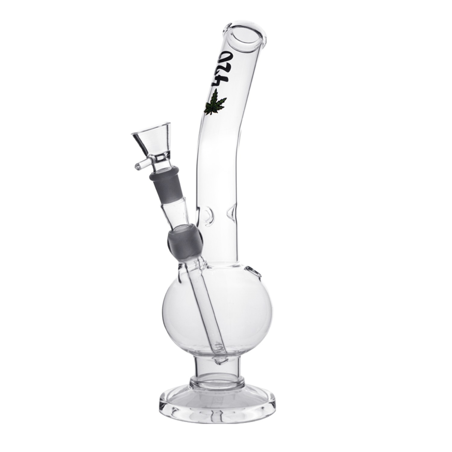 Glasbong mit Bauch und gebogenem, Logo mit 420 Leaf und Steckchillum | Hoch : 38cm,  Ø: 40mm