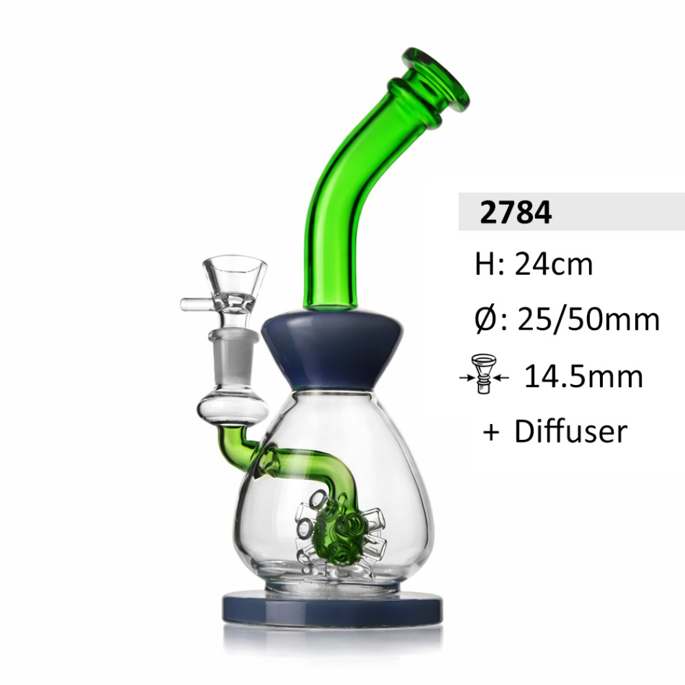 Glasbong mit Diffusor | Farbe Blau/Grün | Hoch : 24cm,  Ø: 25/50mm, Schliff: 14,5mm