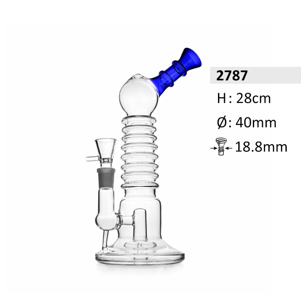 Glasbong mit 9-Ring-Schliff, blauem Mundstück, Diffusor und Extra Glaskopf | Höhe: 28 cm, Ø: 40 mm, Schliff: 18,8 mm