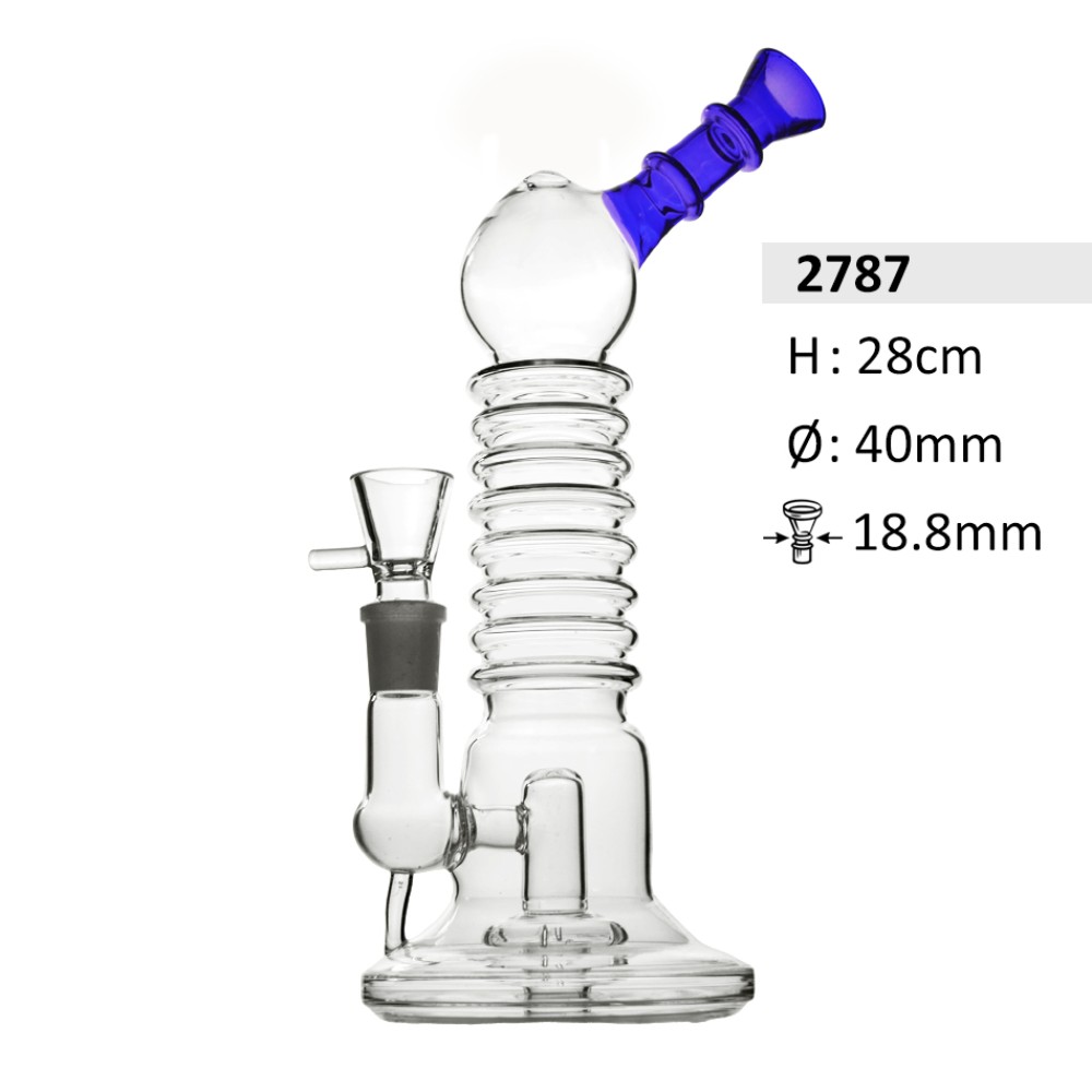 Glasbong mit 9-Ring-Schliff, blauem Mundstück, Diffusor und Extra Glaskopf | Höhe: 28 cm, Ø: 40 mm, Schliff: 18,8 mm