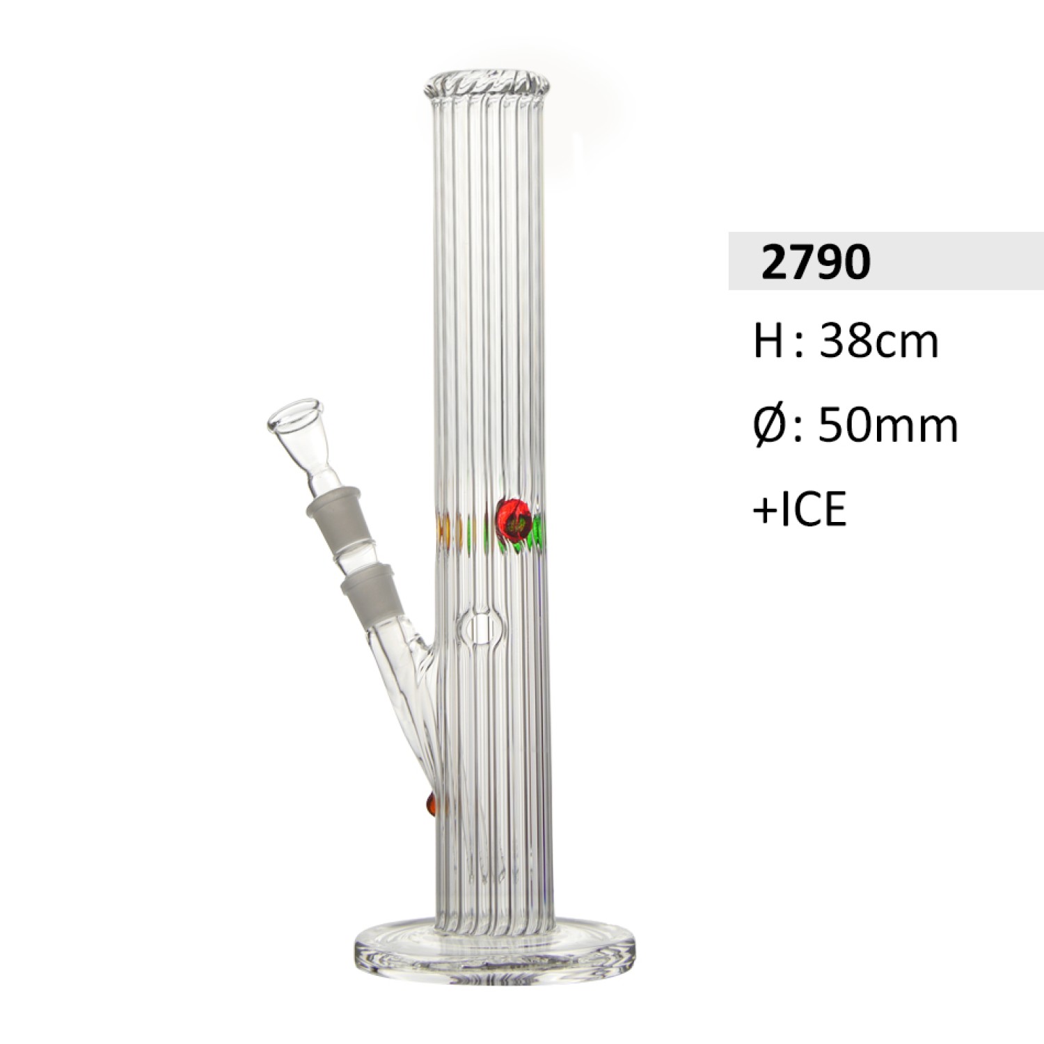 Schwere Glasbong mit Streifen, Chillum und Eis. | Höhe: ca. 38 cm, Ø: 50 mm