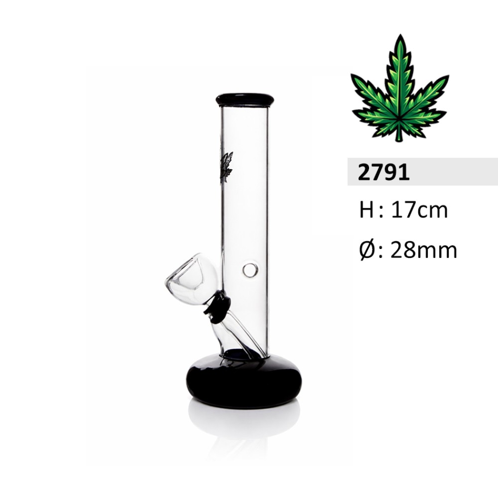 Glasbong mit Mundstück und Fuß in Blau mit Hanfblatt-Motiv |Höhe: 17 cm, Ø: 28mm