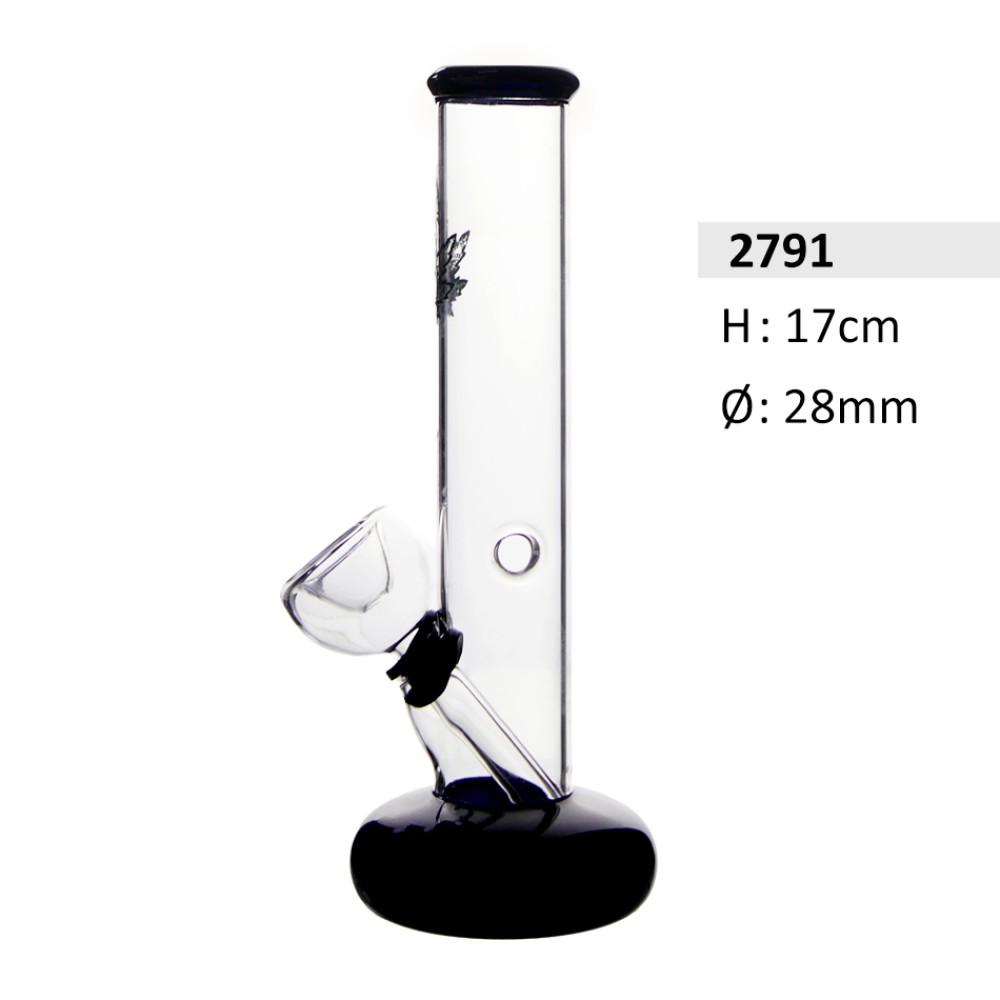 Glasbong mit Mundstück und Fuß in Blau mit Hanfblatt-Motiv |Höhe: 17 cm, Ø: 28mm