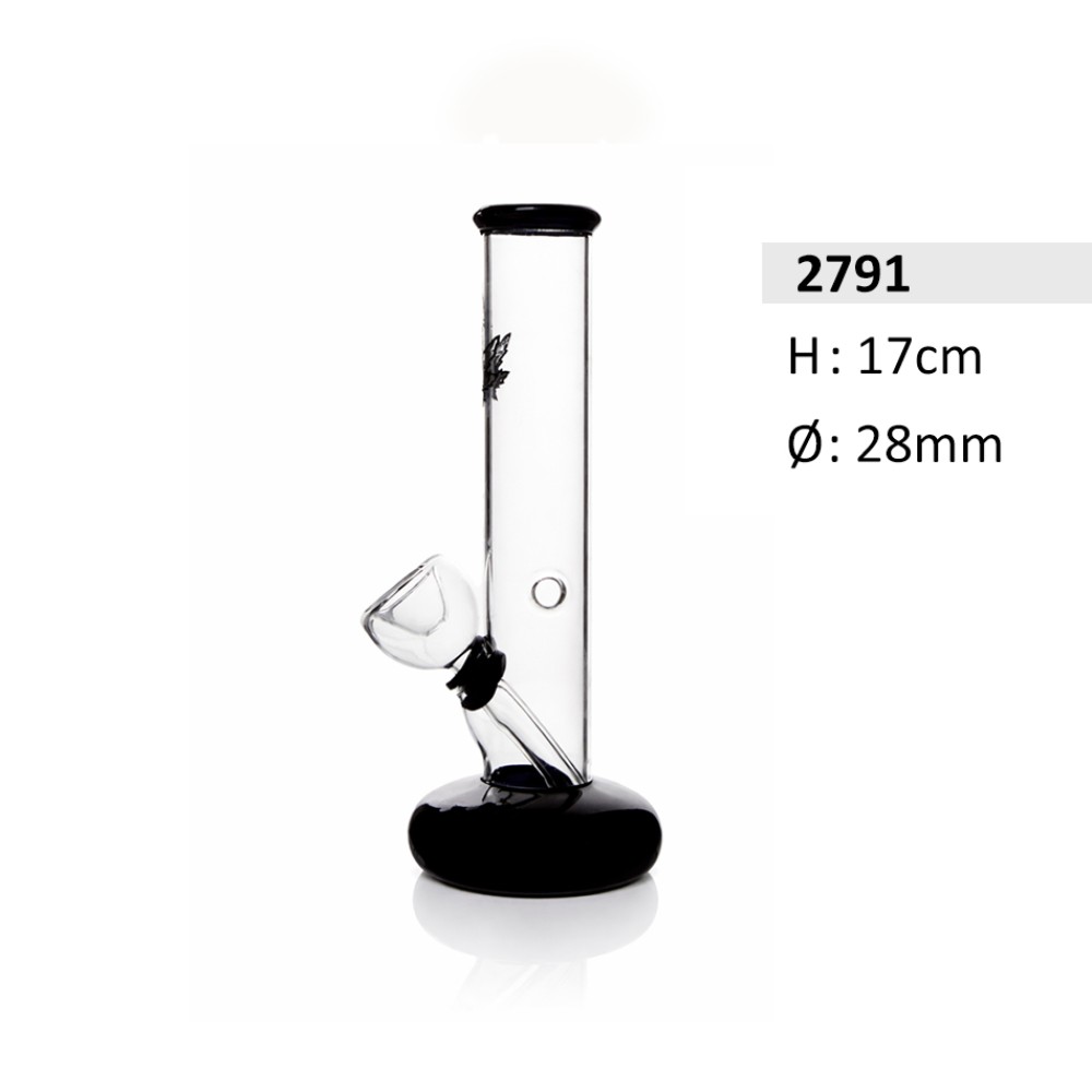 Glasbong mit Mundstück und Fuß in Blau mit Hanfblatt-Motiv |Höhe: 17 cm, Ø: 28mm