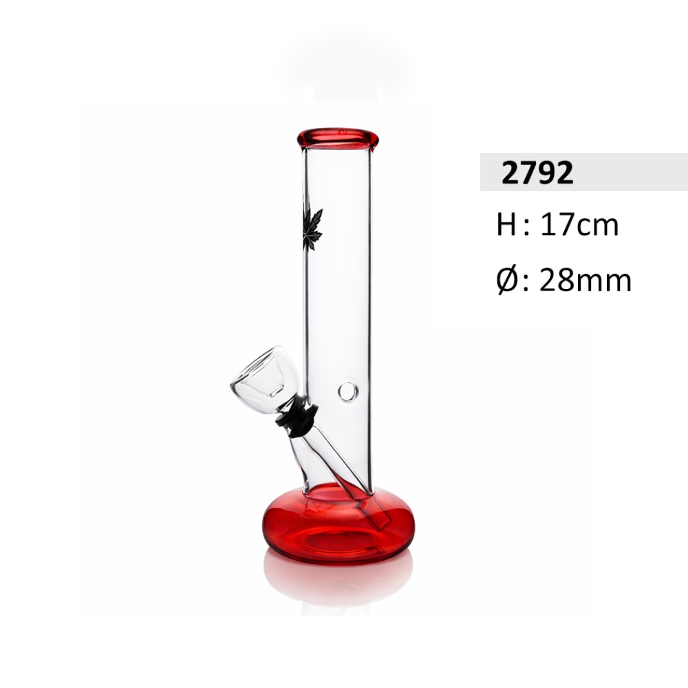 Glasbong mit Mundstück und Fuß in Rot mit Hanfblatt-Motiv |Höhe: 17 cm, Ø: 28mm