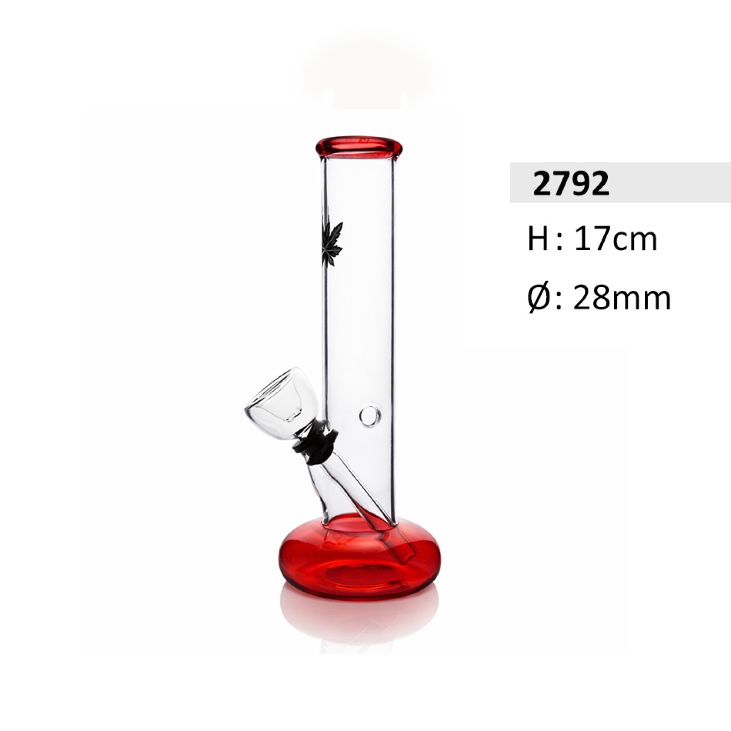 Glasbong mit Mundstück und Fuß in Rot mit Hanfblatt-Motiv |Höhe: 17 cm, Ø: 28mm