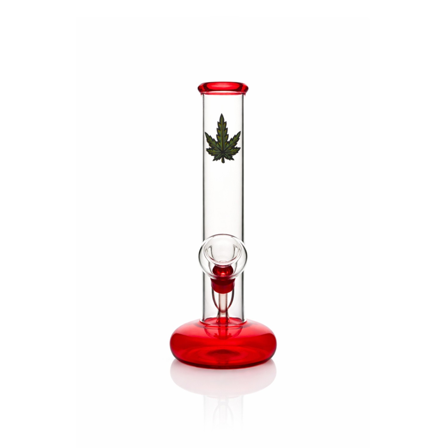 Glasbong mit Mundstück und Fuß in Rot mit Hanfblatt-Motiv |Höhe: 17 cm, Ø: 28mm