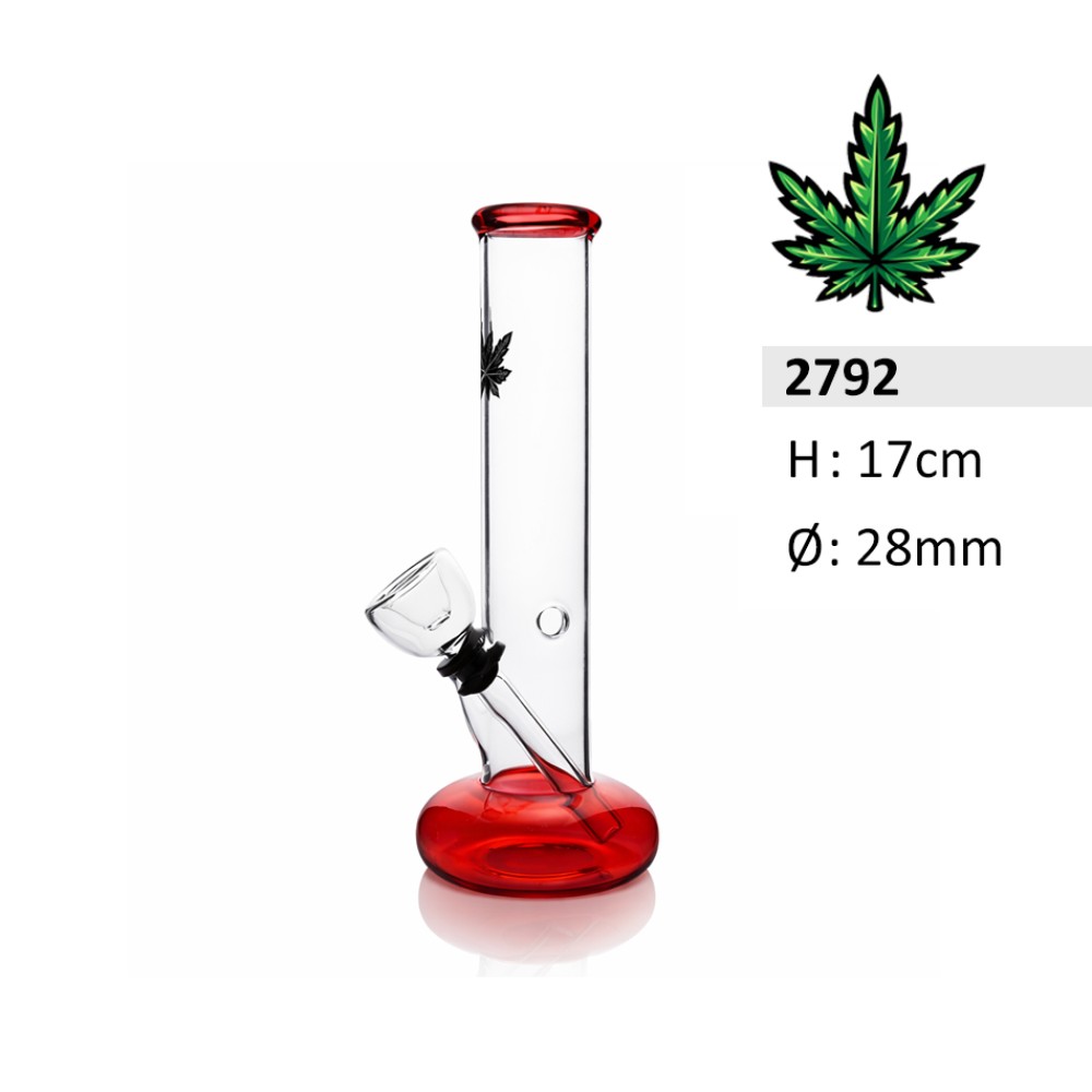 Glasbong mit Mundstück und Fuß in Rot mit Hanfblatt-Motiv |Höhe: 17 cm, Ø: 28mm