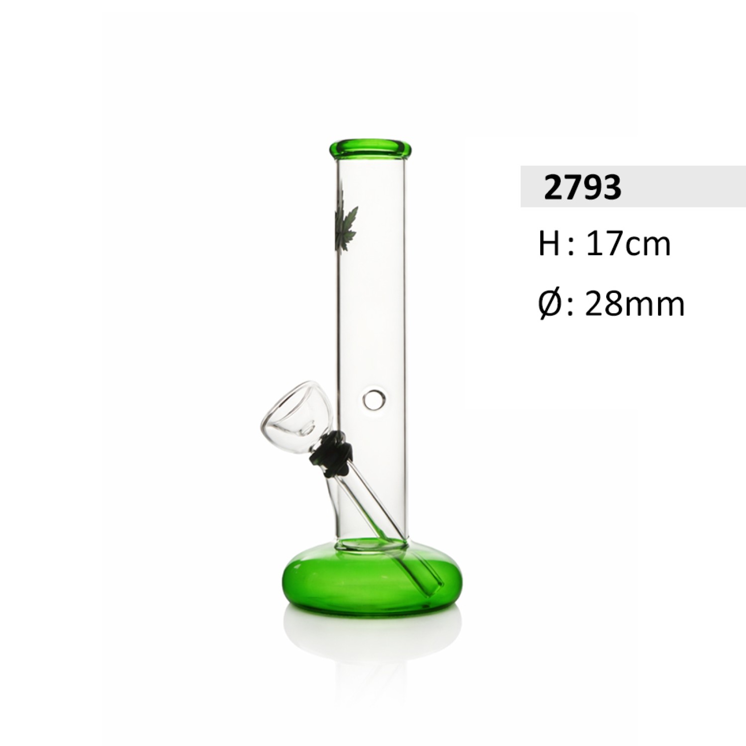 Glasbong mit Mundstück und Fuß in Grün mit Hanfblatt-Motiv |Höhe: 17 cm, Ø: 28mm