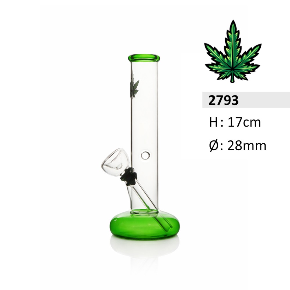 Glasbong mit Mundstück und Fuß in Grün mit Hanfblatt-Motiv |Höhe: 17 cm, Ø: 28mm