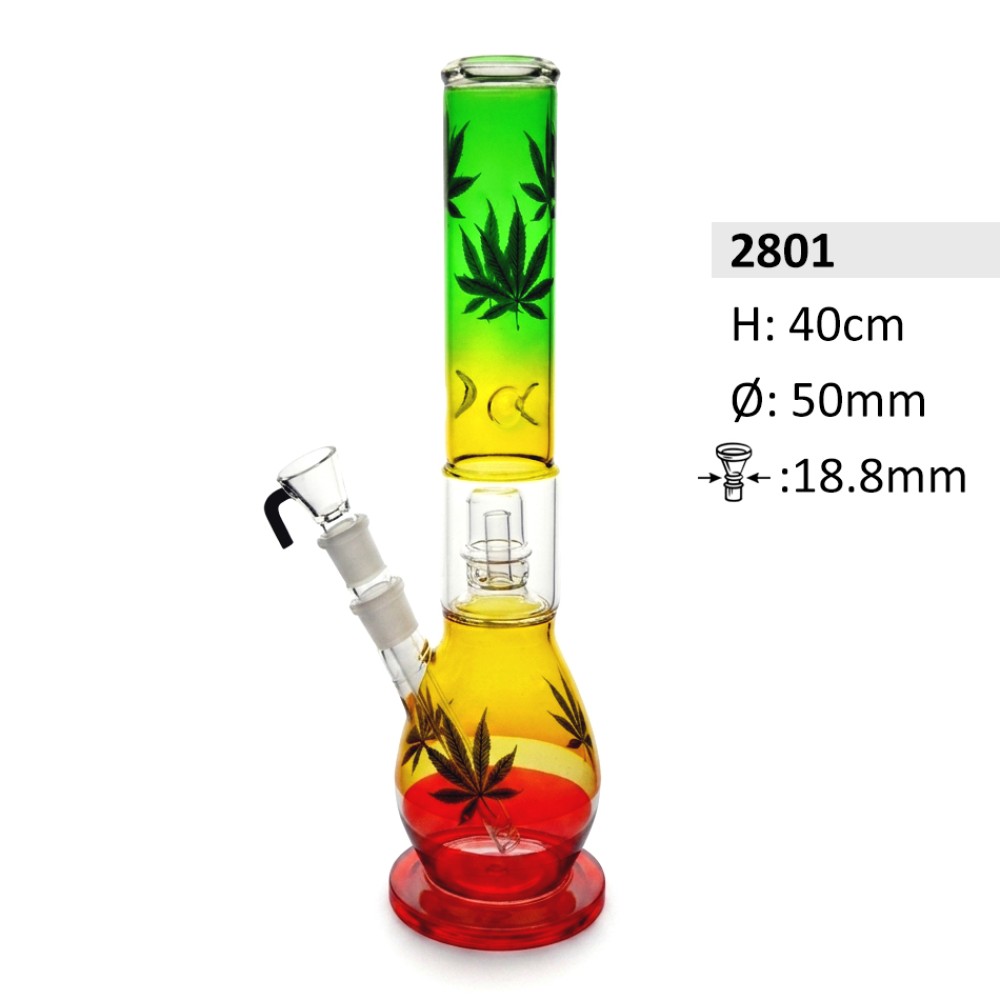 Glasbong mit Perkolator und Eis | Rastafarben mit Blattlogo | Höhe: 40 cm, Ø:50 mm, Schliff: 18,8 mm