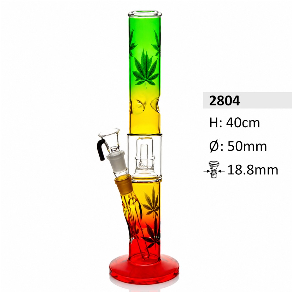 Glasbong Zylinder mit Diffusor Chillum, Perkolator und Eis | Rastafarben mit Blattlogo | Höhe: 40 cm, Ø:50 mm, Schliff: 18,8 mm