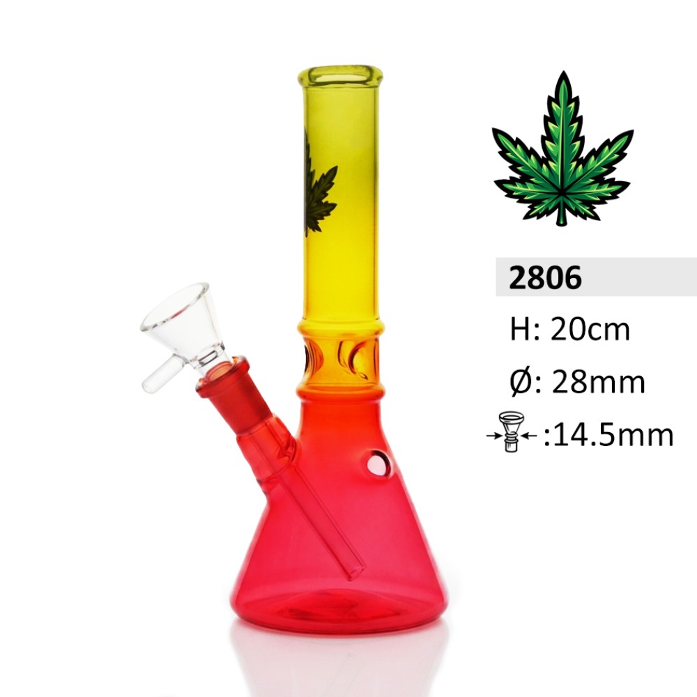 Glasbong mit 2 Ringen | Rastafarben mit Blattlogo | Höhe: 20 cm, Ø: 28 mm, Schliff: 14,5 mm