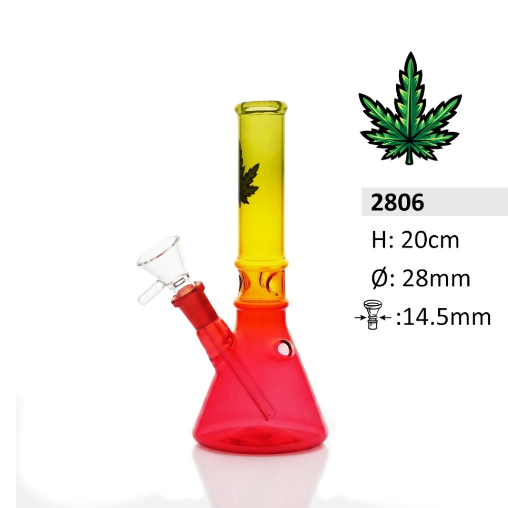 Glasbong mit 2 Ringen | Rastafarben mit Blattlogo | Höhe: 20 cm, Ø: 28 mm, Schliff: 14,5 mm