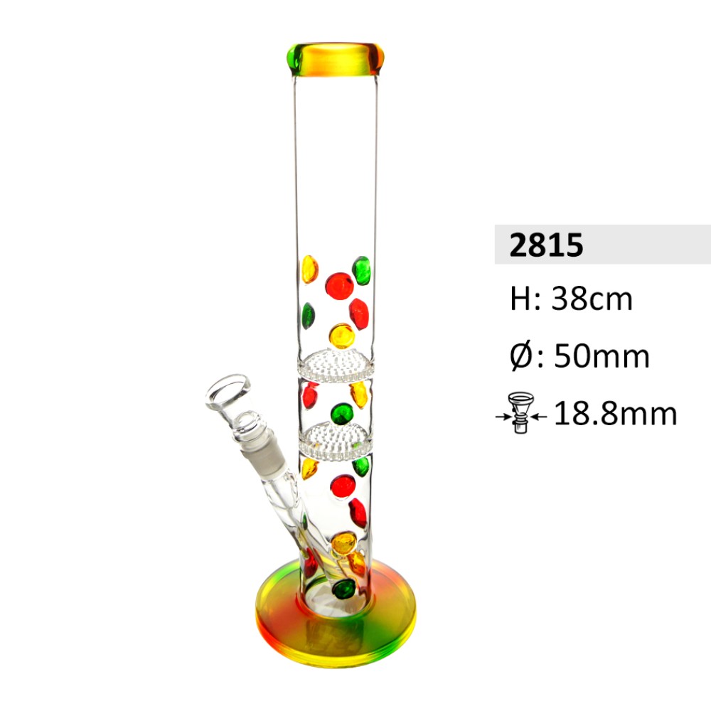 Glasbong mit Diffusor Chillum und Eis | 2 x Honeycomb, Rasta-Farbe | Höhe: 38 cm, Ø:50 mm, Schliff: 18,8 mm