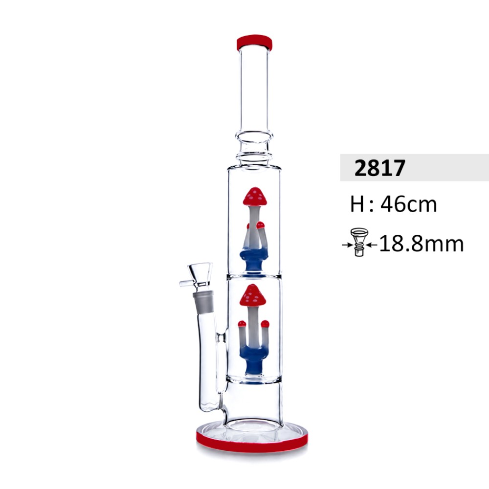 Schwere Glasbong mit doppel Mushroom Rot/Blau Perkolator und Eis | Höhe: 46 cm, Schliff: 18,8mm
