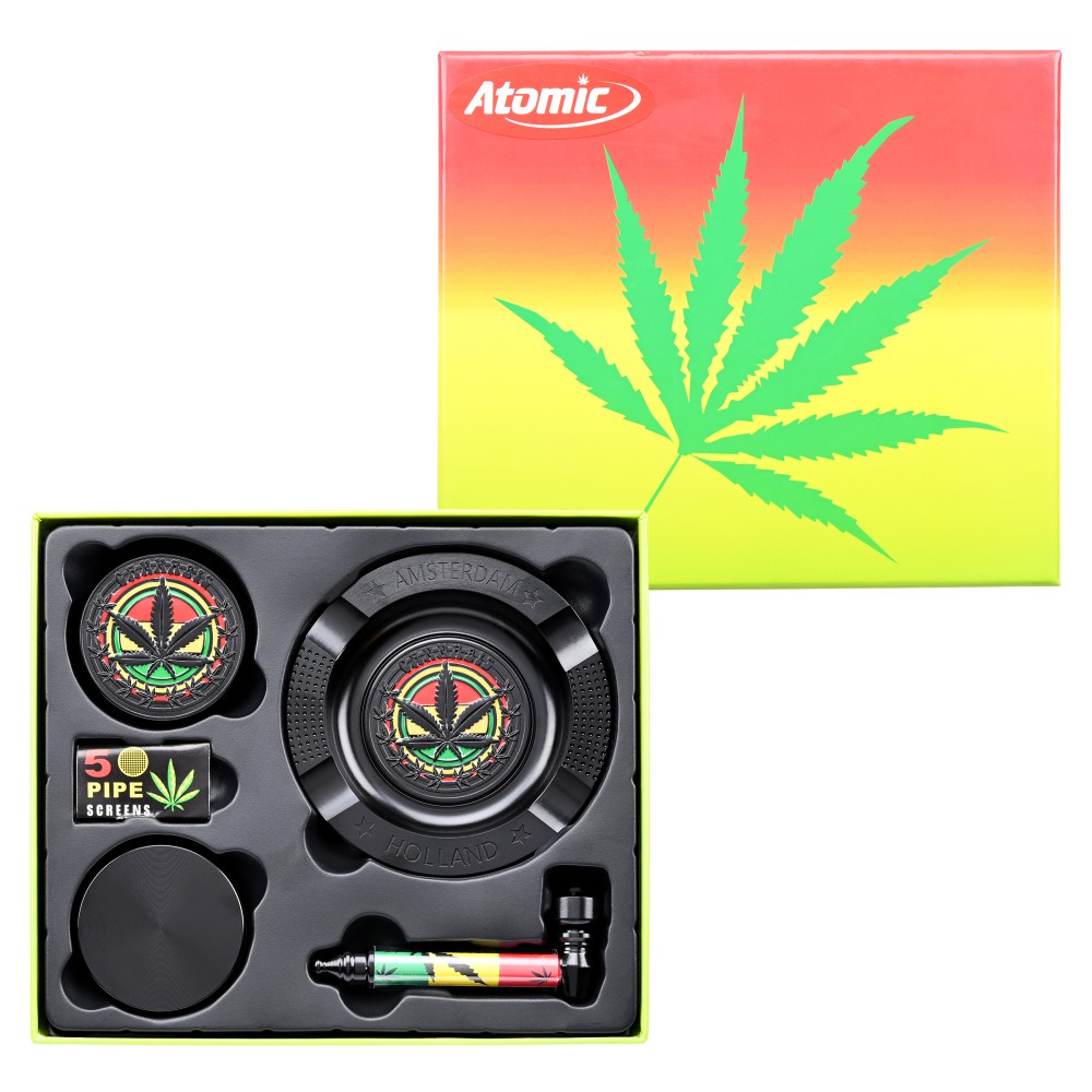 Atomic Set mit Metal Grinder ø50mm, 4 Teile, Pfeife, Aschenbecher und Ersatzsieben