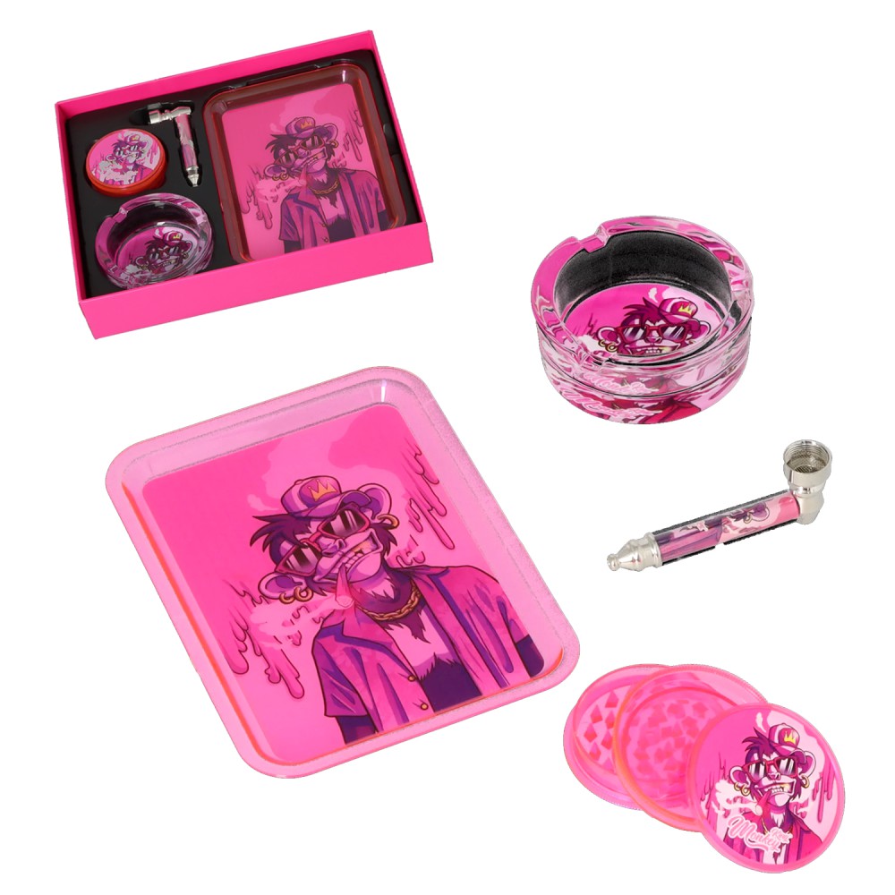 Monkey King | Acryl Grinder - 3 Teilig , Ø: 60mm | Tray 17.8x12.8cm. | Aschenbecher 9x5x3.5cm. | Pfeife - 9cm. | Rosa Farbe