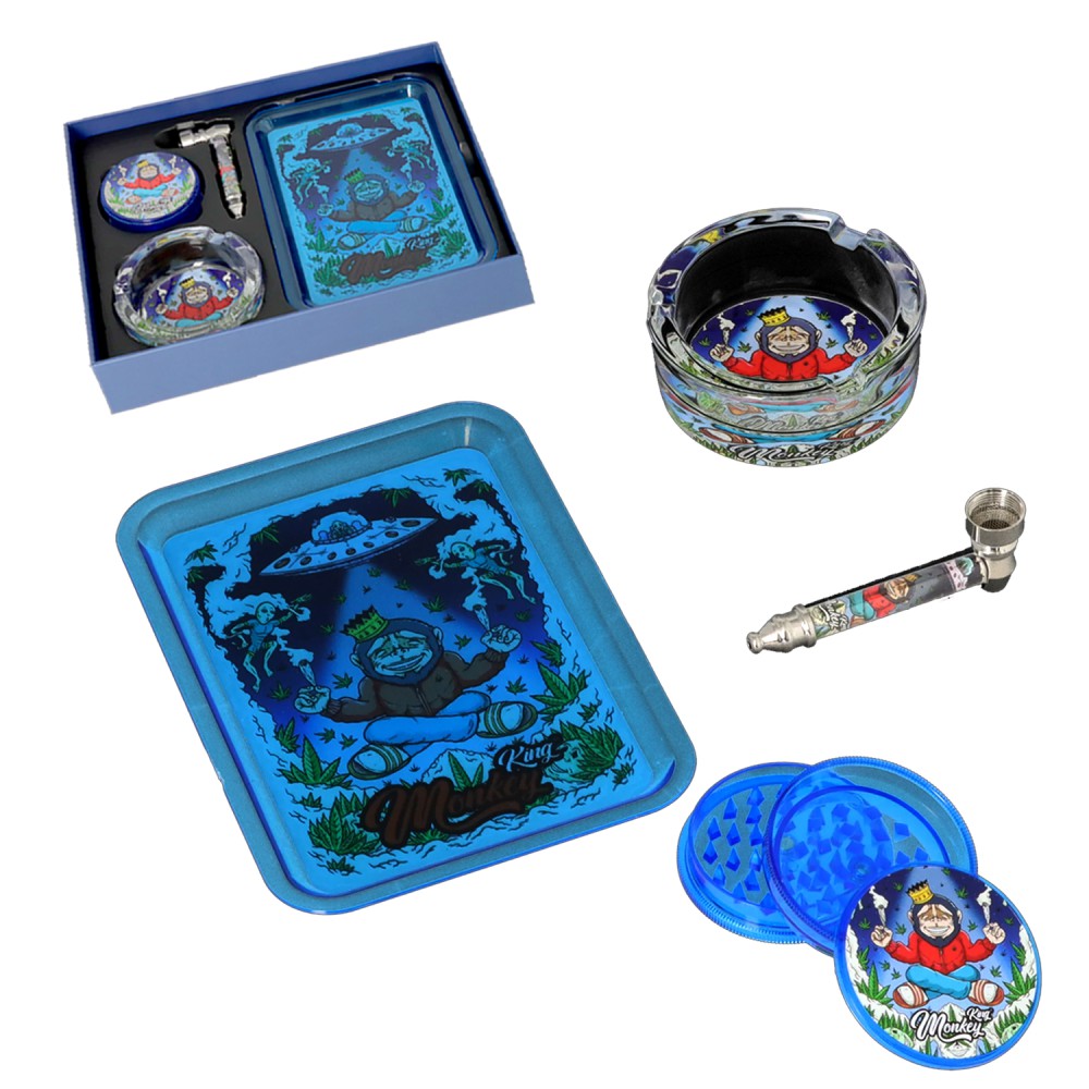 Monkey King SET-3Teiler I Grinder Acryl 60mm I Tray Welraum 17,8x12,8cm I Ashtray-9x5x3,5cm I Pfeife-9cm