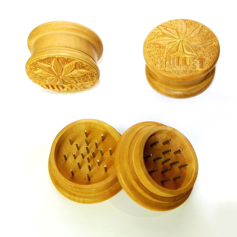 Handgefertigter Holzgrinder mit Blattmotiv und 33 Metal Nägel (ca. Ø 55 mm / 2-teilig), 6er-Pack