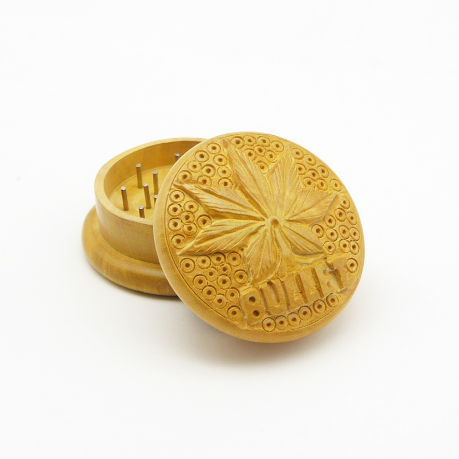 Handgefertigter Holzgrinder mit Blattmotiv und 33 Metal Nägel (ca. Ø 55 mm / 2-teilig), 6er-Pack