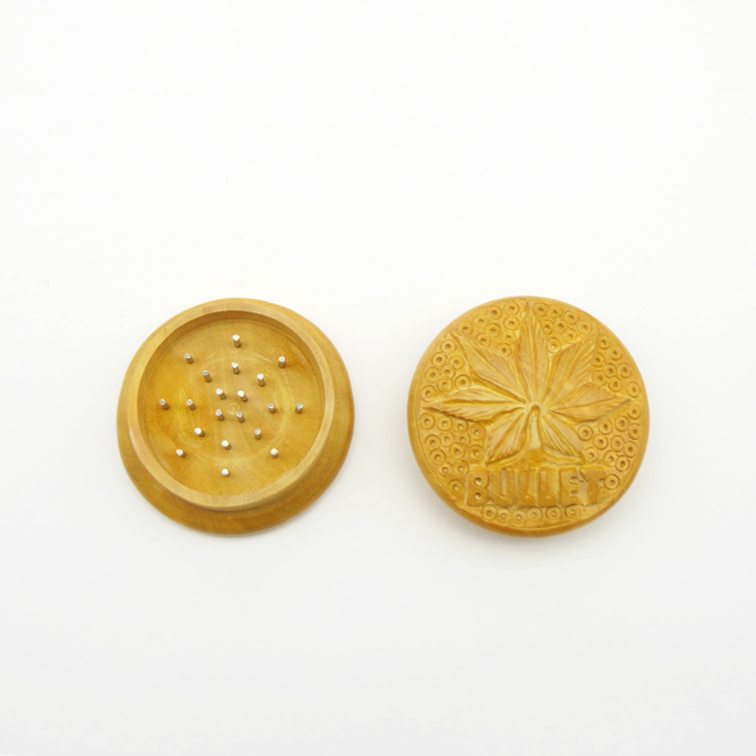 Handgefertigter Holzgrinder mit Blattmotiv und 33 Metal Nägel (ca. Ø 55 mm / 2-teilig), 6er-Pack