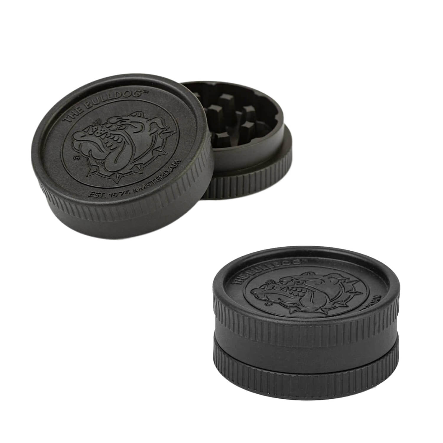 Kunstsoff Grinder Schwarz "Bulldog" 2 teilig ca 5,5 x 4cm 2,5cm hoch VE= 24 Kunstsoff Grinder Schwarz "Bulldog" 2 teilig ca 5,5 x 4cm 2,5cm hoch VE= 24