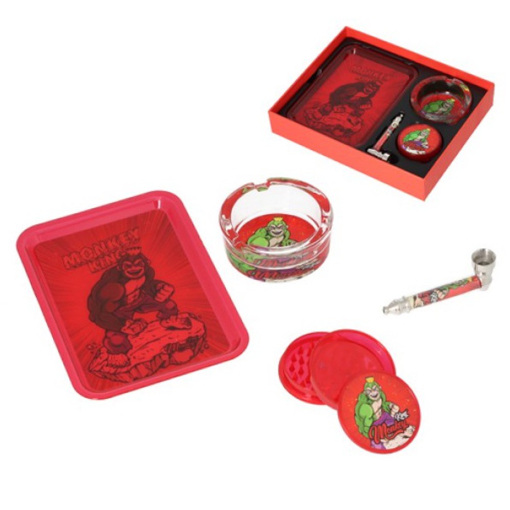 Monkey King | Acryl Grinder - 3 Teilig , Ø: 60mm | Tray 17.8x12.8cm. | Aschenbecher 9x5x3.5cm. | Pfeife - 9cm. | Rot Farbe