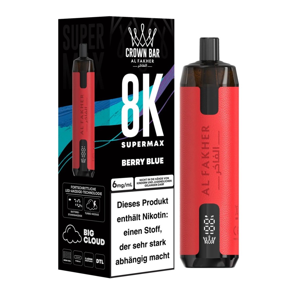 Al Fakher 8K Supermax "Berry Blue" Vape 2ml  + Pod 10ml, Legal mit Steuer Zeichen