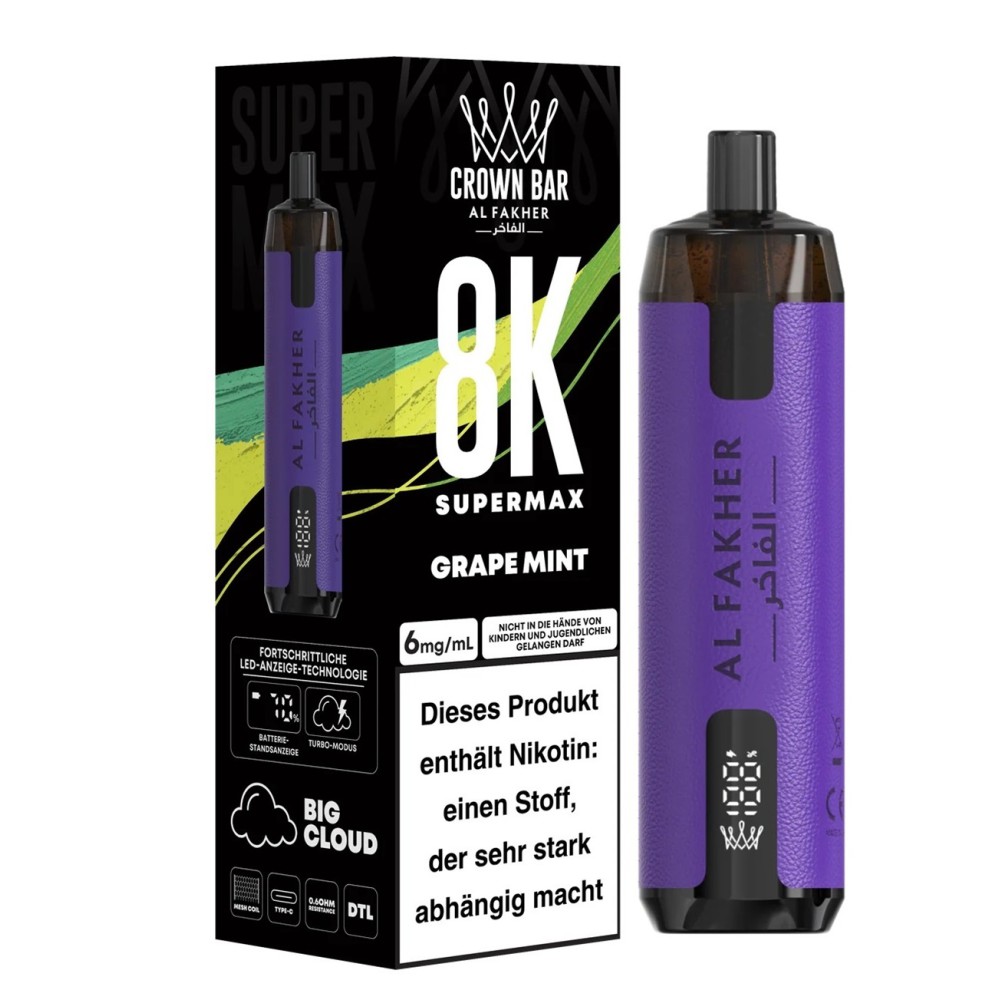 Al Fakher 8K Supermax "Grape Mint" Vape 2ml  + Pod 10ml, Legal mit Steuer Zeichen