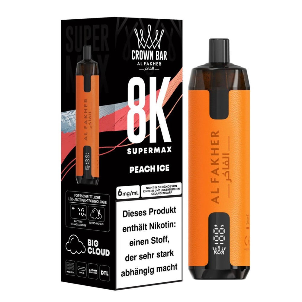 Al Fakher 8K Supermax "Peach Ice" Vape 2ml  + Pod 10ml, Legal mit Steuer Zeichen