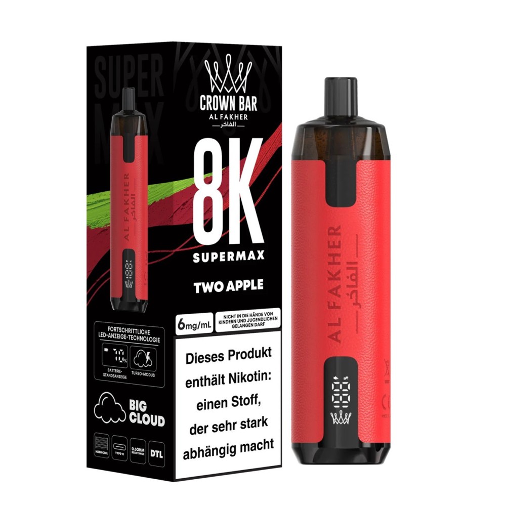 Al Fakher 8K Supermax "Two Apple" Vape 2ml  + Pod 10ml, Legal mit Steuer Zeichen