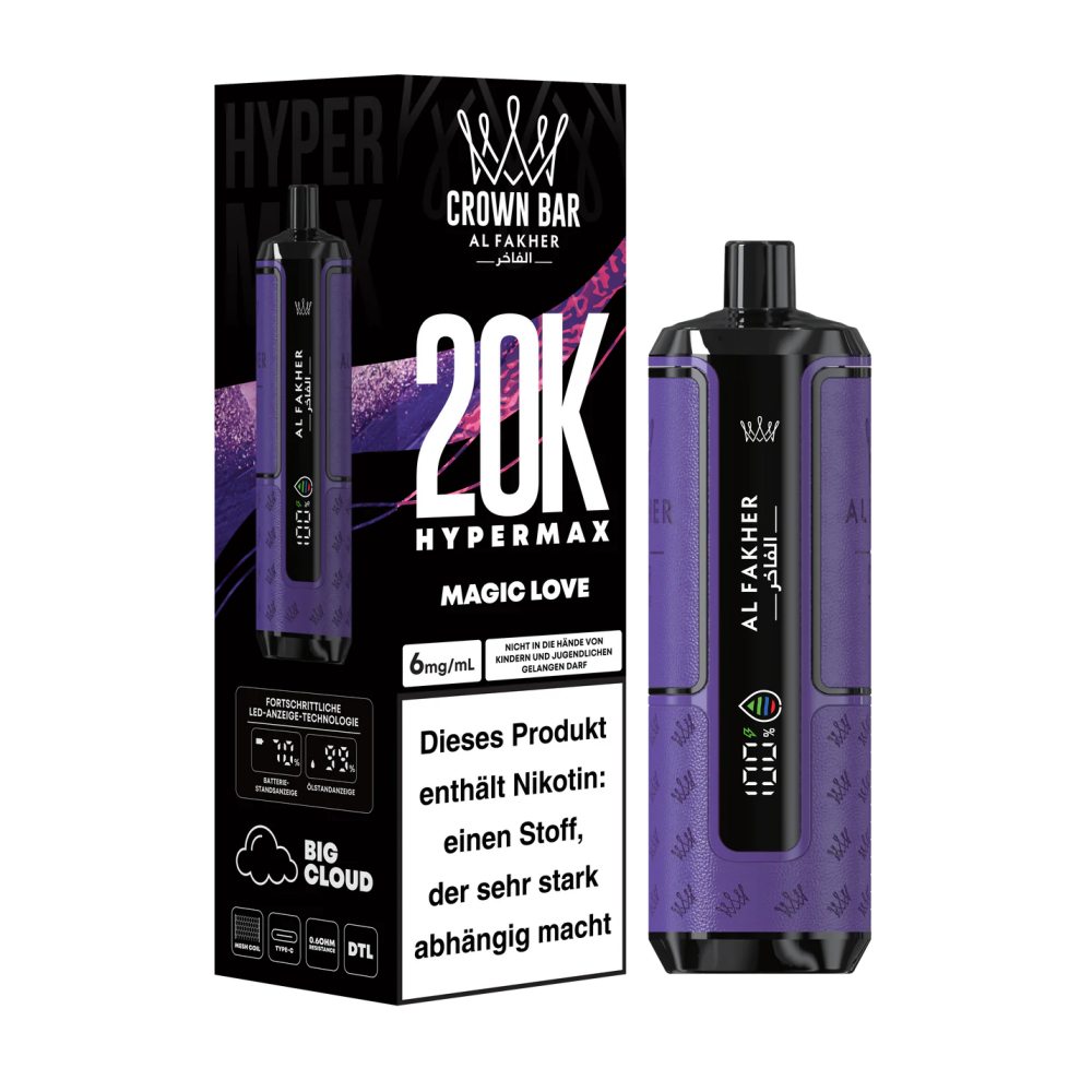 Al Fakher 20K Hypermax "Magic Love" Vape 2ml  + Pod 2×10ml, mit Legal Steuer Zeichen