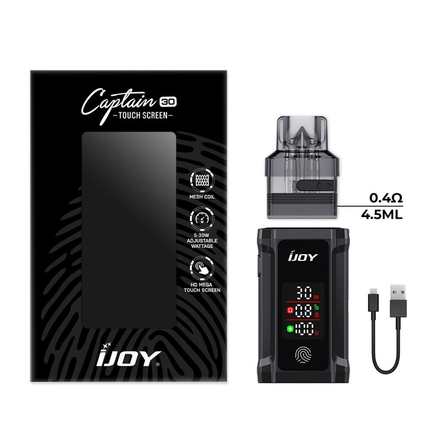 IJOY Captian 30 Kit " Schwarz" 1050 mAh mit 2x Pod, 1x USB Kabel & 1x Halsband  